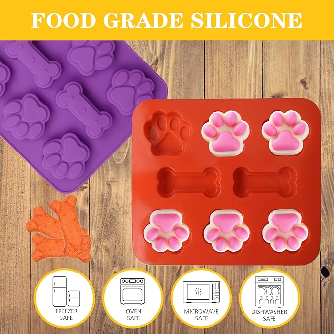 2 Pack Puppy Dog Paw and Bone Shaped 2 in 1 Silicone Molds, Reusable Non-Stick Ice Cube Trays & Candy Chocolate Molds for Homemade Dog Treats, Pudding & Baking Biscuit(Red Purple)