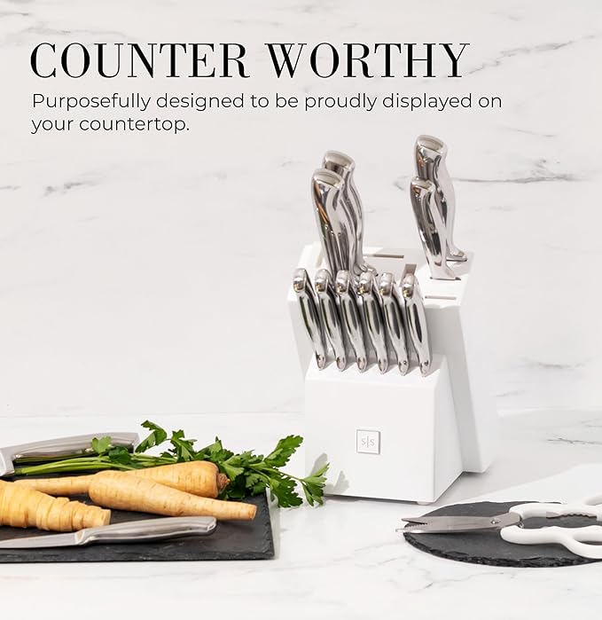 Styled Settings Stainless Steel Knife Set with Built In Sharpener - 14 Piece Ultra Sharp, High Carbon Stainless Steel Kitchen Knife Set Includes White Knife Block with Sharpener Built In