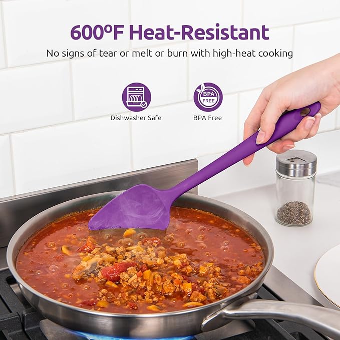U-Taste Silicone Spoon Spatula Set, 600ºF High Heat Resistant Food Grade Flexible Rubber Scraper, Integrated Cooking Mixing Baking Kitchen Utensils Set of 3 for Nonstick Cookware (Purple)