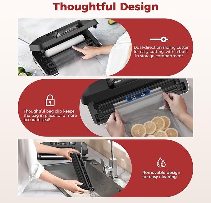 95KPa Vacuum Sealer Machine for food,Full Automatic with Double 12mm Heat Seal, 10in 1 Modes, Built in Cutter & Bag Storage, Includes 1 Roll and 10pcs Pre cut Bags