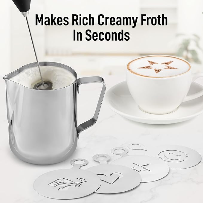 Zulay Kitchen Premium Gift Milk Frother Complete Set - Handheld Foam Maker, Stencils & Frothing Pitcher Set - Whisk Drink Mixer for Coffee - Mini Blender for Cappuccino, Frappe - Black