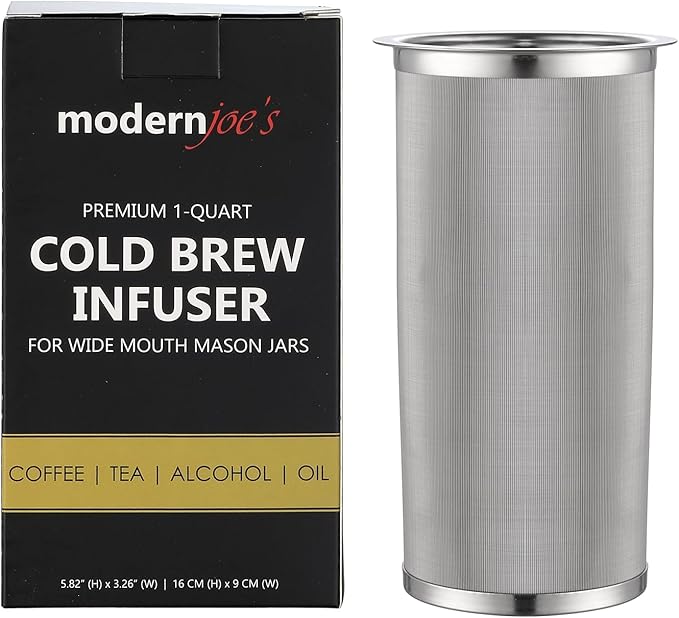 MODERNJOE'S Premium Infuser Cold Brew Coffee Maker for 1 Quart Wide Mouth Mason Jars. Cold Brew Coffee Filter. Perfect for Ice Coffee and Tea. 50 Micron EXTRA Fine Mesh 304 Stainless Steel
