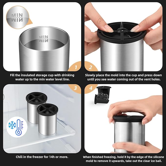 Clear Ice Cube Maker, 2.5 Inch Stainless Steel Crystal Large Clear Ice Ball Maker, Silicone Ice Cube Mold for Cocktails, Drinks & Bourbon, Whiskey Gifts for Men, Metal Color(2 Pack)