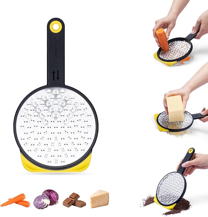 Dreamfarm Ograte Two-Sided Medium Food & Vegetable Speed-Grater with Non-Slip Bowl Hook & Foot - 3mm Medium Grater, Yellow