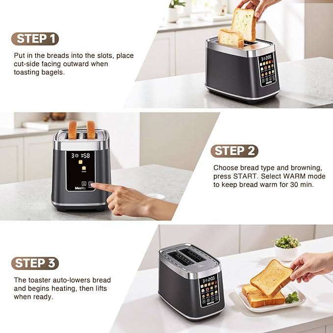Mecity 2 Slice Toaster with Touch Screen & Auto Lift, Stainless Steel Cool-Touch Toaster with 8 Bread Settings, 5 Shade Levels, 1200W High Power, Keep Warm & Reheat Function, Metallic Grey, 120V
