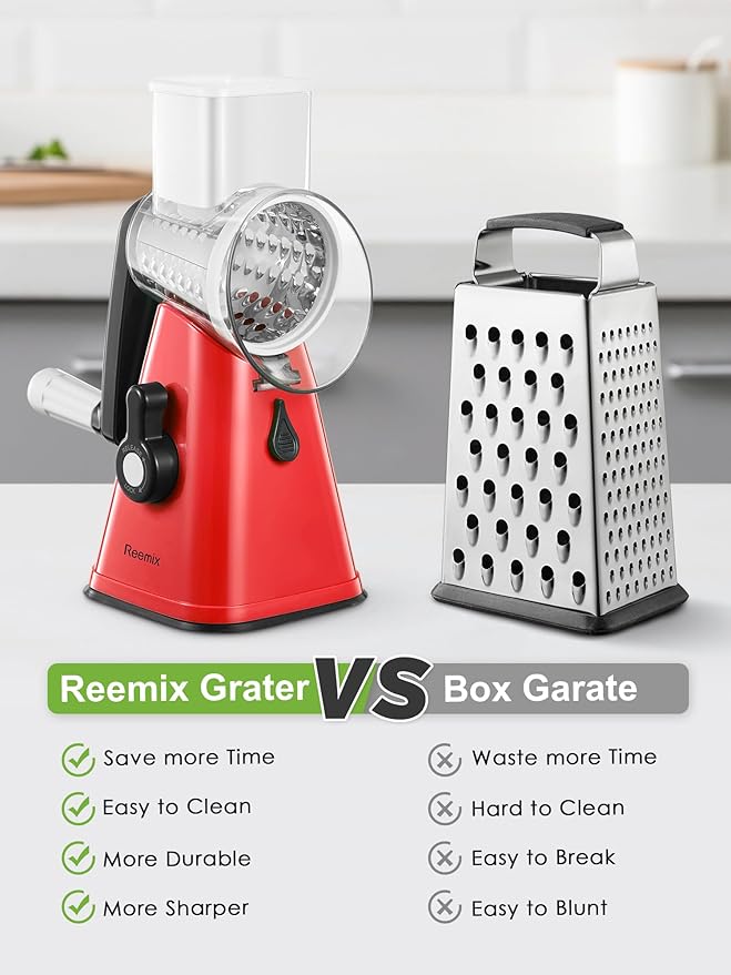 Rotary Cheese Grater with Handle, Reemix Vegetable Cheese Shredder Slicer Grater for Kitchen 3 Changeable Blades for Cheese Potato Zucchini Nuts Chocolate (Red)