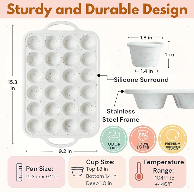 2-Pack Silicone Muffin Pan Set – Regular 12-Cup & Mini 24-Cup Nonstick Cupcake Pans – Metal-Reinforced Handles, BPA-Free, Non-Toxic, Dishwasher Safe, Cream Color Bakeware