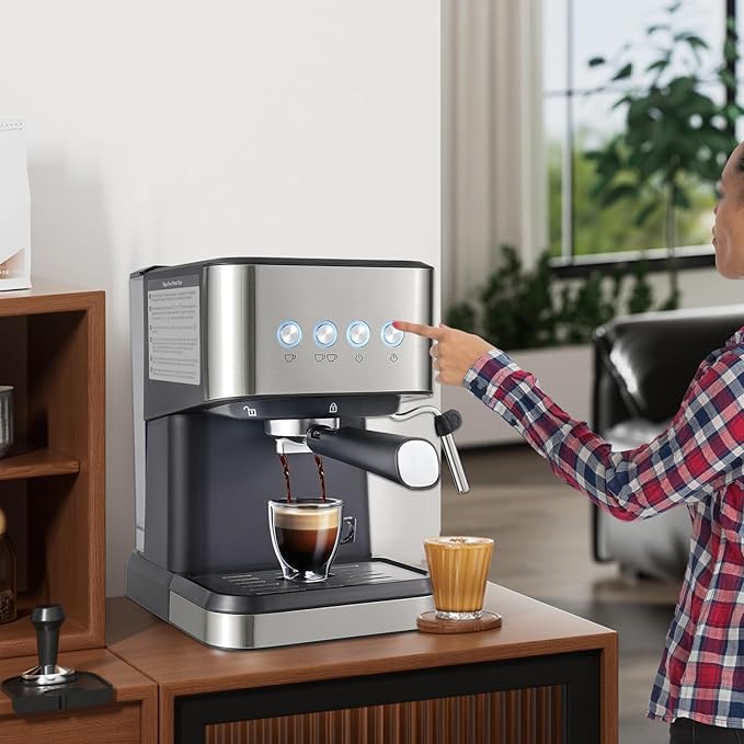 Coffee Machine, Spoon and Tamper Small Drip Coffee Machine, 1.5L Semi-automatic Coffee Machine, Latte Maker with Adjustable Shot Volume for Home