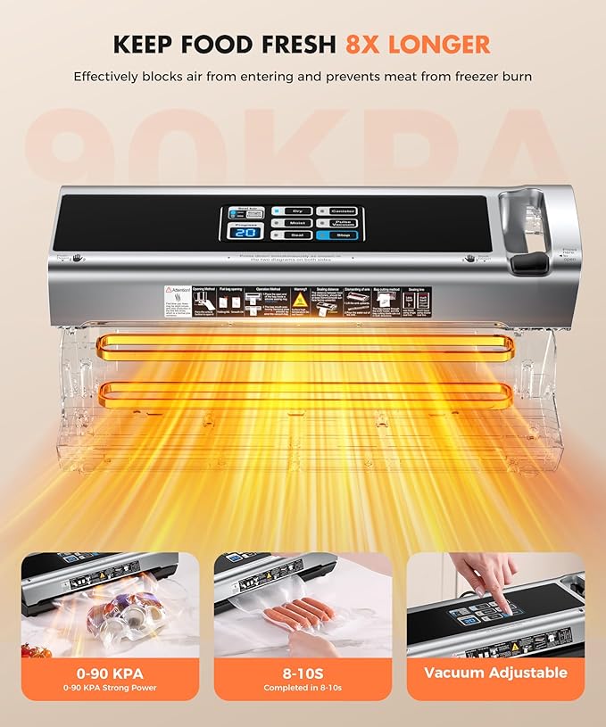 90KPa Portable Vacuum Sealer Machine for Food, One-Touch Open Lid, Detachable & Easy to Clean, Vertical Placement Saves Space, Powerful Suction for Freezer Bags & Food Storage