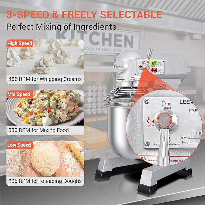 10 QT Dough Mixer, Food Commercial Industrial Grade Stand Mixer with Stainless Steel Bowl and 3 Types of Mixing Tools, Built for Professional Baking: Effortlessly Handles Large Recipes