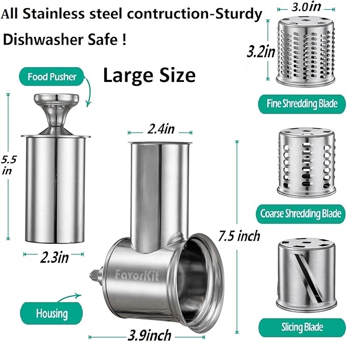 Slicer Shredder Attachment for KitchenAid Mixers, Stainless Steel Cheese Grater Salad Maker Accessories with 3 Cutting Blades,Dishwasher Safe!