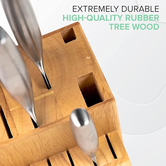Coninx Rubber Wood Kitchen Knife Block - 15 Slots Knife Holder - Professional Quality Wood Knife Organizer - Secure Knife Stand To Keep Knives Neat & Sharp - Knife Blocks for Kitchen Knife Storage