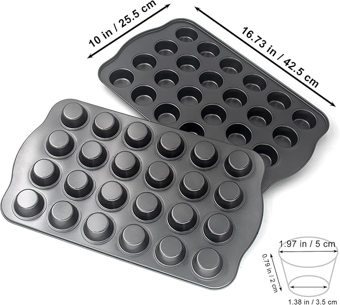 Non-Stick Mini Cupcake Pan, 1.97" 24-Cup Set of 2 Baking Pans, Heavy Duty Carbon Steel Tin for Mini Muffins & Cupcakes