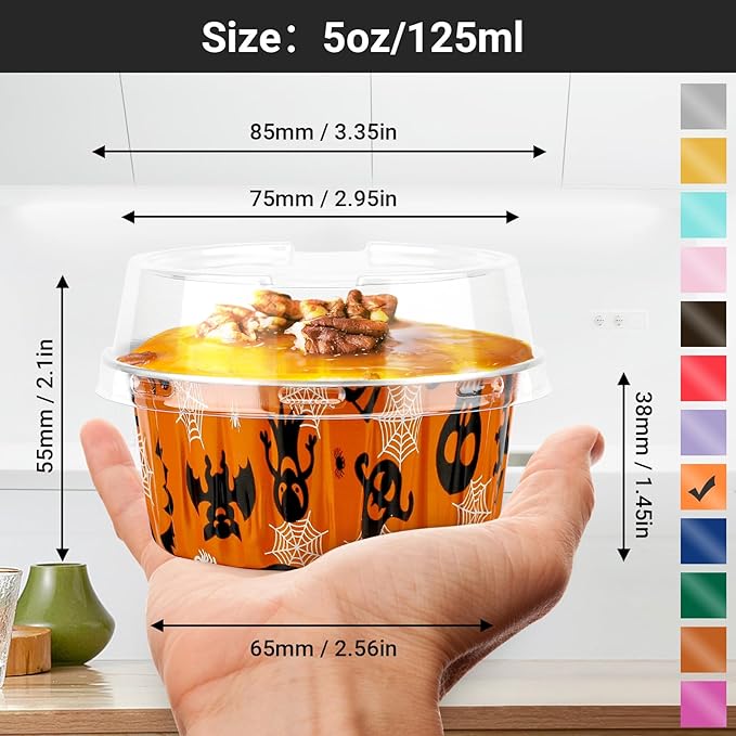 EUSOAR Mini Cheesecake Pans, 100pcs 5oz Halloween Cupcake Liners Baking Cups with Lids, Oven Safe Dessert Muffin Pan Creme Brulee Ramekins Disposable Containers for Gathering Club Wedding Party