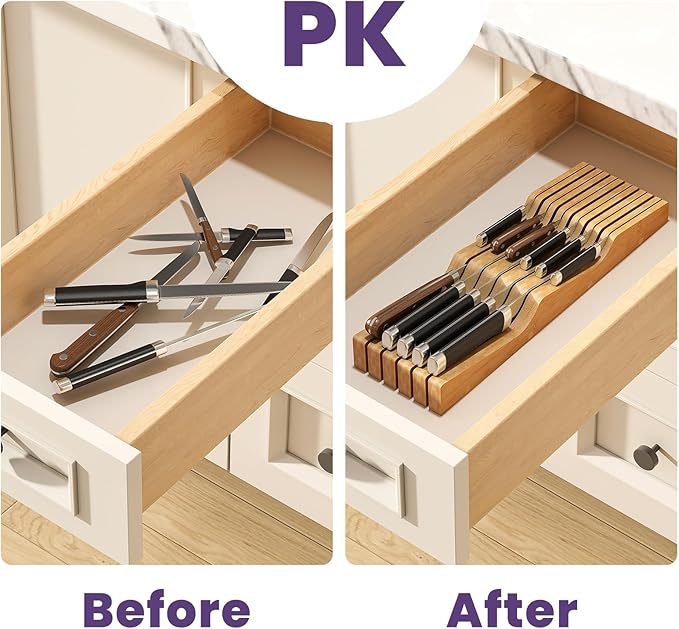 Bamboo In-Drawer Knife Block for 11 Knives(Not Included), Knife Drawer Organizer,Knife Holder Countertop,Block Knife Storage Organizer for Kitchen