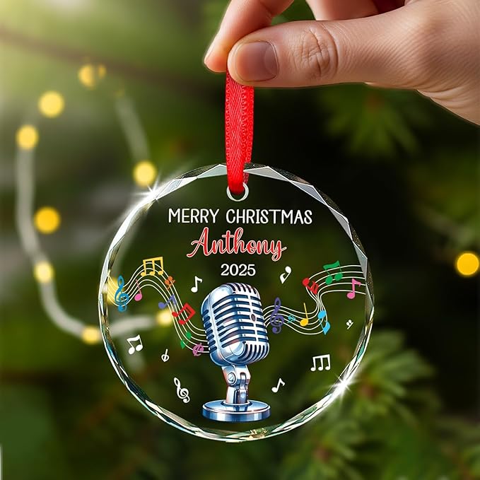 Custom Microphone Glass Ornament Christmas 2025, Microphone Xmas Ornaments Gifts for Singer Karaoke Fans, Personalized Singer Ornament Christmas Tree with Text & Name, Vocalist Glass Ornaments Gifts