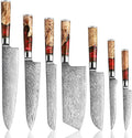 SENKEN 7-Piece Damascus Kitchen Knife Set - Tsunami Collection - 67-Layer Japanese VG10 Steel - Chef's Knife, Cleaver, Santoku, Bread, Boning, & More (Red Resin Blend)