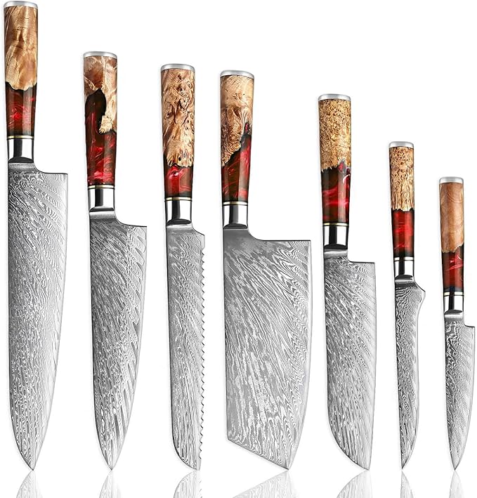SENKEN 7-Piece Damascus Kitchen Knife Set - Tsunami Collection - 67-Layer Japanese VG10 Steel - Chef's Knife, Cleaver, Santoku, Bread, Boning, & More (Red Resin Blend)