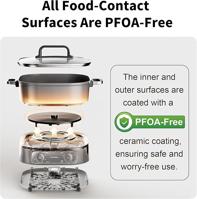 Electric Skillet 6-Quart Hot Pot Nonstick - PFOA-Free Ceramic Coating Pot, 1600W, Timer & 3 Power Settings for Steak, Egg, Ramen