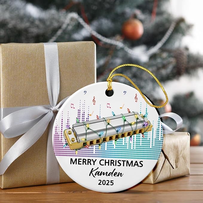 Customized Text Year Name Harmonica Instrument Player Ceramic Ornament, Personalized Harmonica Christmas Ornaments Gift for Harmonicist Women Men Friends Brother Sister, Harmonicas Musical Ornament