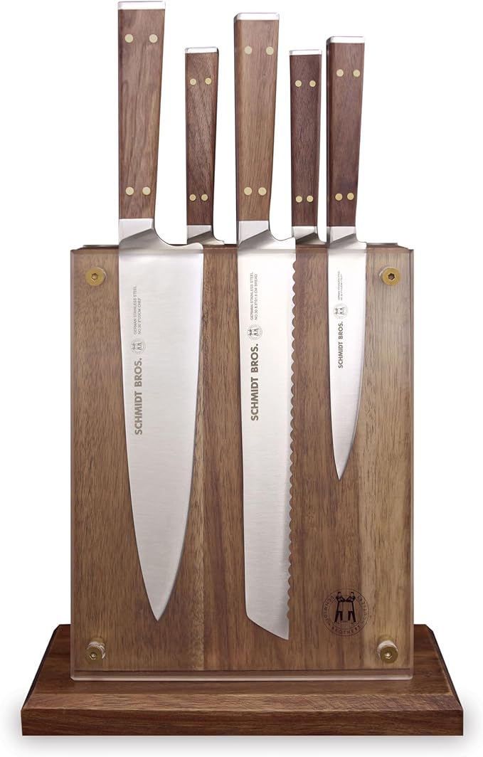 Brass and Walnut 6-piece Knife Block Set, High-Carbon German Stainless Steel Multipurpose Kitchen Cutlery with Midtown Storage Block
