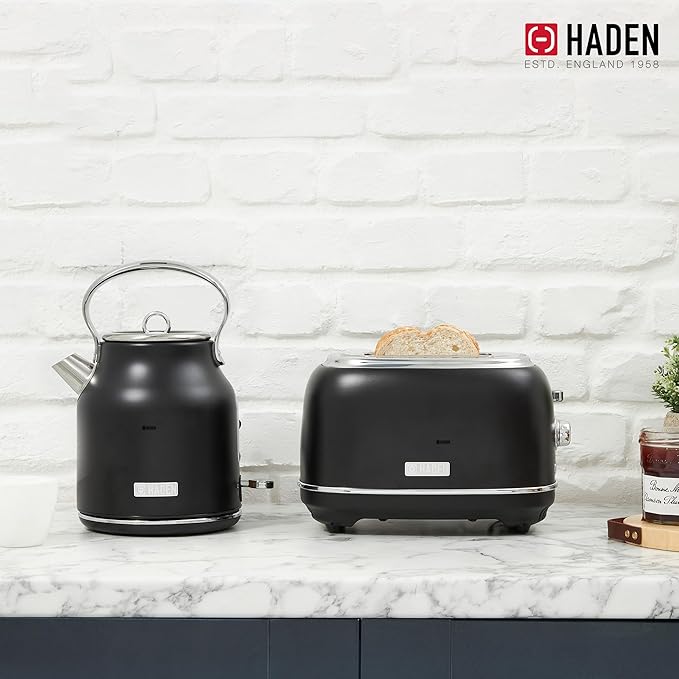 Haden Heritage 2 Slice Wide Slot Stainless Steel Toaster Bundled with 1.7 Liter Stainless Steel Electric Water Kettle, Black & Chrome