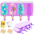 3pcs Large Silicone Popsicle Molds with Lids,4 Cavities Cake Pop Molds,Oval Ice Cream Bar Mold Ice Pop Cakesicle Molds Silicone with 100 Wooden Sticks & 100 Bags &100 Twist Ties(Purple)