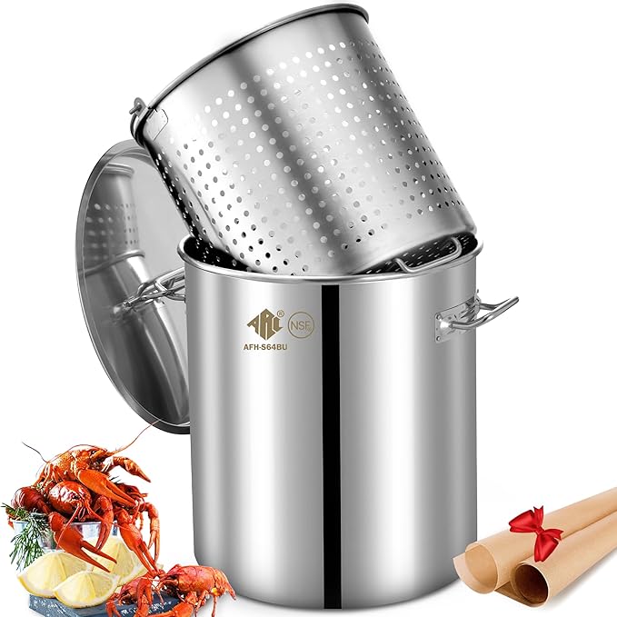 ARC 64-Quart Stainless Steel Seafood Boil Pot with Basket and Two Brown Paper, Crawfish, Crab, Lobster, Shrimp Boil Stock Pot with Strainer, Turkey Fryer, 16 Gallon