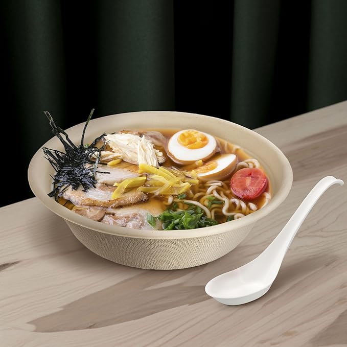[600 COUNT] HAKOWARE Disposable Asian Soup Spoons with Hook, made from Crystalized Cornstarch, for Take-out Ramen Pho Noodles