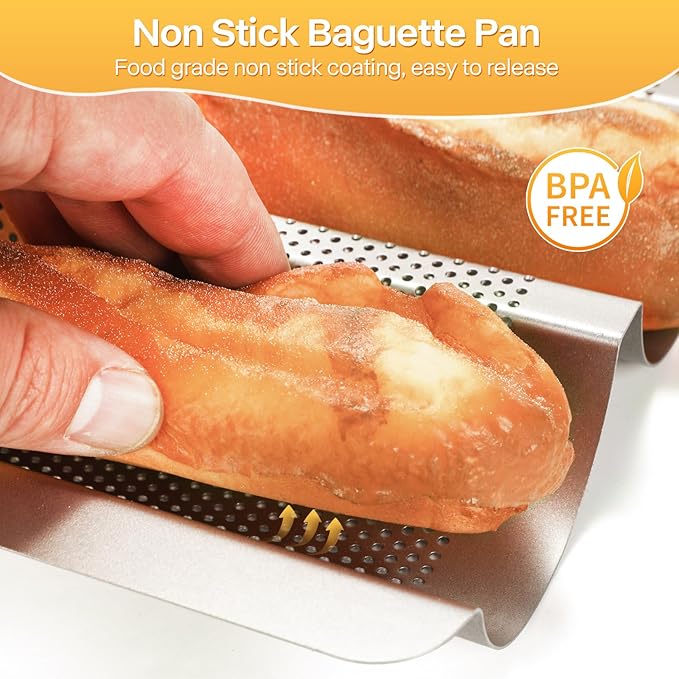 Baguette Bread Pan, Perforated French Bread Pans 15x11 Inch Nonstick, 3 Waves Loaf Tin for Homemade Sourdough Baguettes Baking, Oven Safe, 2 Pack, Gold