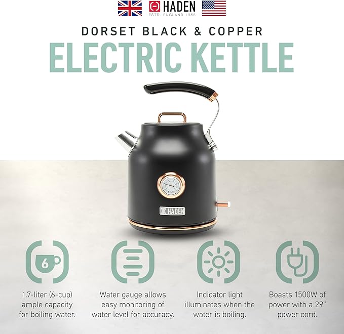 Haden Dorset 1.7 Liter Stainless Steel Electric Kettle, Hot Water Kettle with 360-Degree Base and Auto Shutoff, Black & Copper