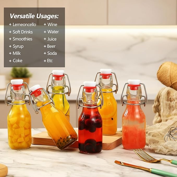 Ruckae 24 Pack 4oz Swing Top Glass Bottles with Lids Kombucha Coquito Flip Top Glass Bottle for Syrup Vanilla Extract Brew Beer Kefir Air Tight Bottles for Gift (4 oz 24 pack)