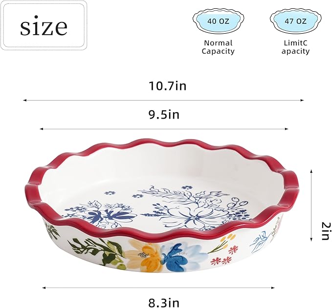 Pie Pan Ceramic Pie Plate, 9 inch Deep Dish Pie Pans, Nonstick Pie Pans for Baking, Red Floral Pie Dish For Kitchen