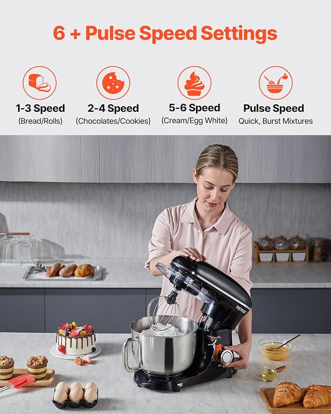 VEVOR Stand Mixer, 6 QT Dough Mixer, 660W 6 + P Speeds Tilt-head Food Mixer with Stainless Steel Bowl, Dough Hook, Wire Whip, Flat Beater, Scraper,Household Stand Mixer for Baking & Mixing, Black