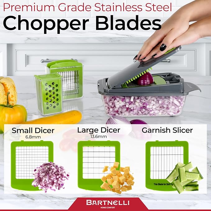 Bartnelli Vegetable Chopper Food Slicer Pro | 15 Pc MultiFuctional Kitchen Gadgets for Onion, Veggie, Cheese Grater, Vegetables Cutter With Large Container, Easy to Clean, With Bonus Brush and Fork