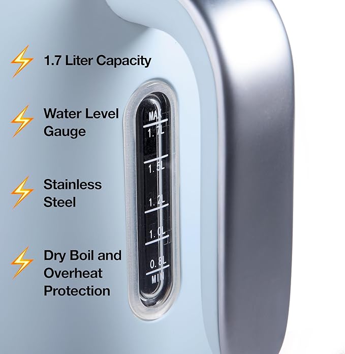 Rae Dunn Electric Hot Water Kettle - Stainless Steel Coffee Maker, Tea Kettle, Swivel Base, With Automatic Shut Off Boil-Dry Protection, Easy Pour, 1500 Watt Boiling Power, 1.7 Liters, Baby Blue