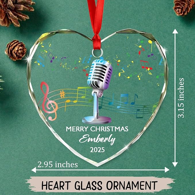 Personalized Micro Recording Glass Christmas Ornament, Customized Year Text Name Singer Singing Microphone Keepsake Ornaments Gift for Women Men Friends Besties, Vocalist Music Xmas Ornament Gifts