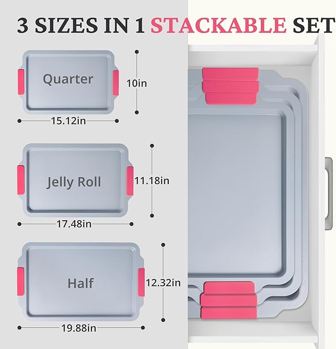 BRONYPRO Non Stick Ceramic Baking Sheet Pan Set of 3, Natural Non Toxic Cookie Sheets for Baking - PFOA, PTFE Free, Aluminized Steel Oven Trays for Cooking with Silicone Handles, Rose Red