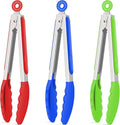 Hotec Silicone Kitchen Tongs for Cooking 9-Inch Serving Tongs with Silicone Tips, Set of 3 (Red Blue Green)