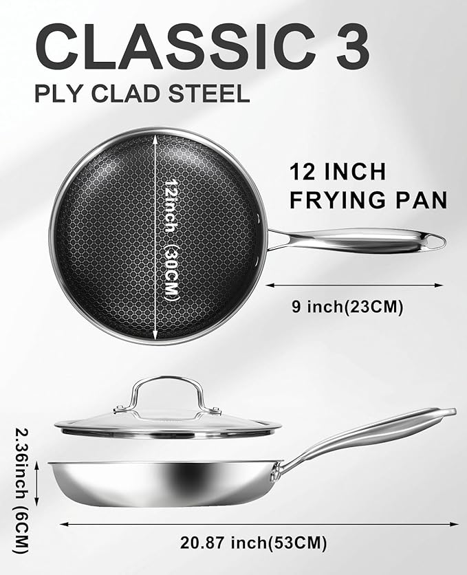 Non Stick Frying Pans with Lids, 12 Inch Fry Pan, Hybrid Large Frying Pan with Lid, Nonstick Skillet Stainless Steel, Dishwasher & Oven-Safe, Induction Compatible Cooking Pan
