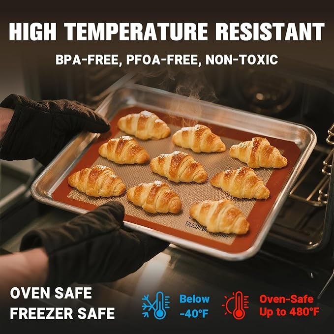 Silicone Baking Mat Set by PrettyCare (2 Half Sheet and 1 Quarter Sheet) Non Stick Cookie Baking Supplies for Bake Pans & Toaster Oven - Macaron/Pastry/Bun/Bread