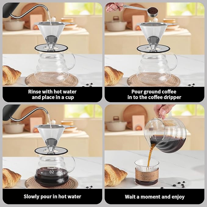 Mongdio Pour Over Coffee Dripper, Stainless Steel Coffee Dripper, Reusable Metal Coffee Filter, Double Mesh Design of Pour Over Coffee Maker, With Removable Base, 1-2 Cups