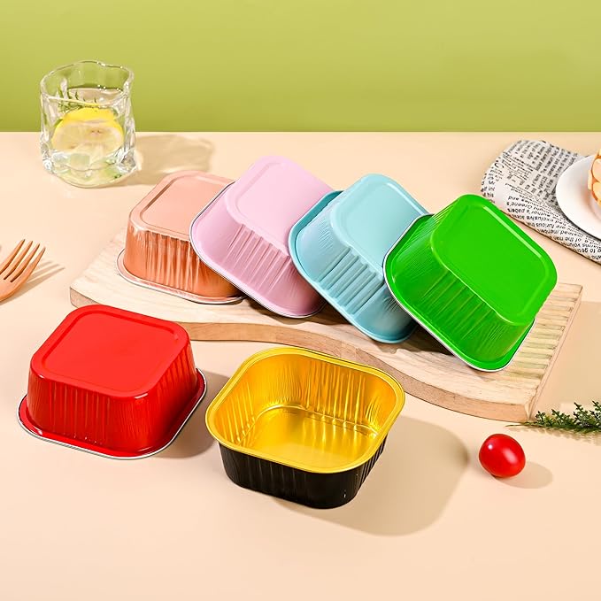 10oz Mini Cake Pans with Lids (40 Pack) Aluminum Foil Square Cupcake Liners Brownie Baking Cups,Disposable 4”x4” Large Cupcake Pan,Jumbo Muffin Tin Ramekins Holders