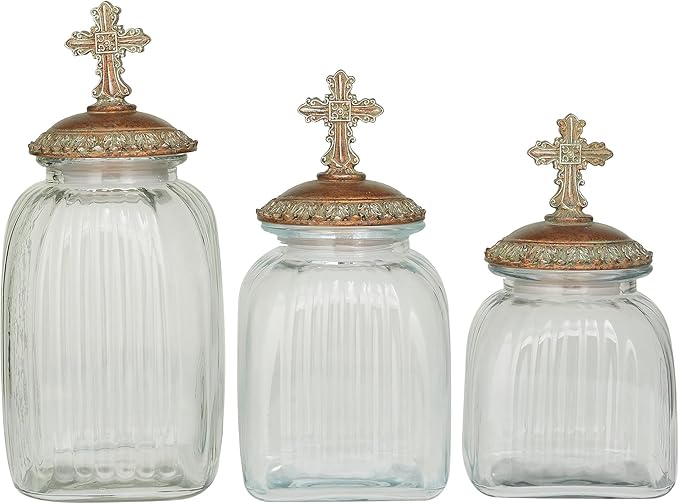 Deco 79 Glass Round Decorative Jars, Set of 3 15", 13", 11" H, Clear