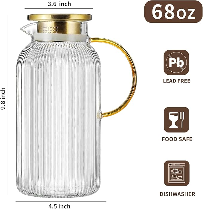 2 PACK Glass Pitcher with Lid, 68 oz/ 2 Liter Classic Vertical Stripes Water Pitcher with Handle,Glass Water Carafe for Cold Brew, Coffee, Lemonade, Iced Sun Tea,Beverage,Heat Resistant