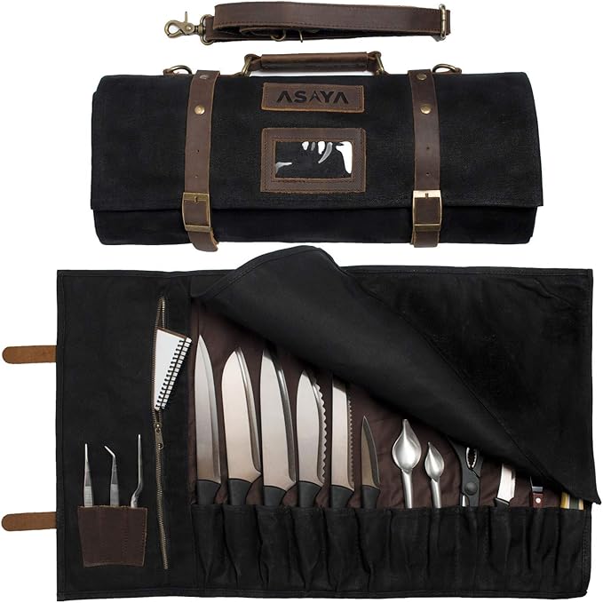 Asaya Waxed Canvas Knife Roll - 15 Knife Slots, Card Holder and Large Zippered Pocket - Genuine Leather, Cloth and Brass Buckles - for Chefs and Culinary Students - Knives Not Included