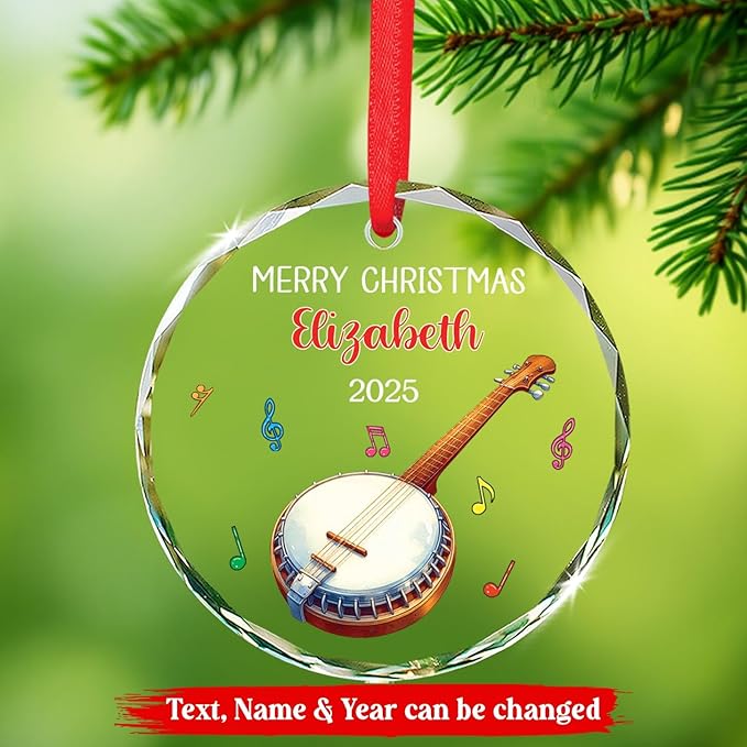 Personalized Text & Name Musical Instrument Glass Ornament, Banjo Christmas Ornament Gifts for Instrumentalist, Custom Banjo Players Keepsake Xmas Tree Decor, Banjoist Glass Ornaments Christmas 2025