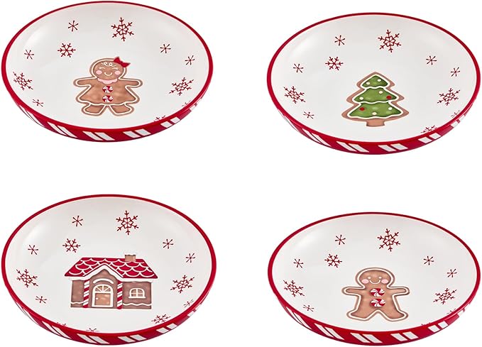 Bico Traditional Gingerbread Man Pasta Bowls, 35oz Salad Bowl Set of 4, Large Ceramic Serving Dinner Bowls for Soup and Cereal, Microwave and Dishwasher Safe, Gift for Housewarming and Holiday