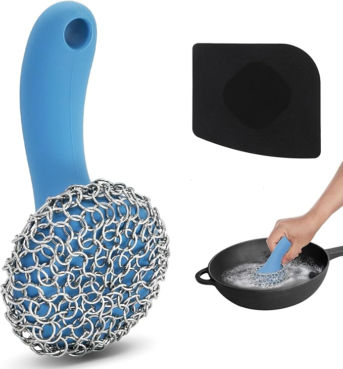 Cast Iron Scrubber with Long Handle | 316 Cast Iron Cleaner Chainmail Scrubber for Pan Skillet Cleaner - Dish Scouring Pad Dishwasher Safe Cleaning Kit (Blue, 1 Scrubber + 1 Scraper)