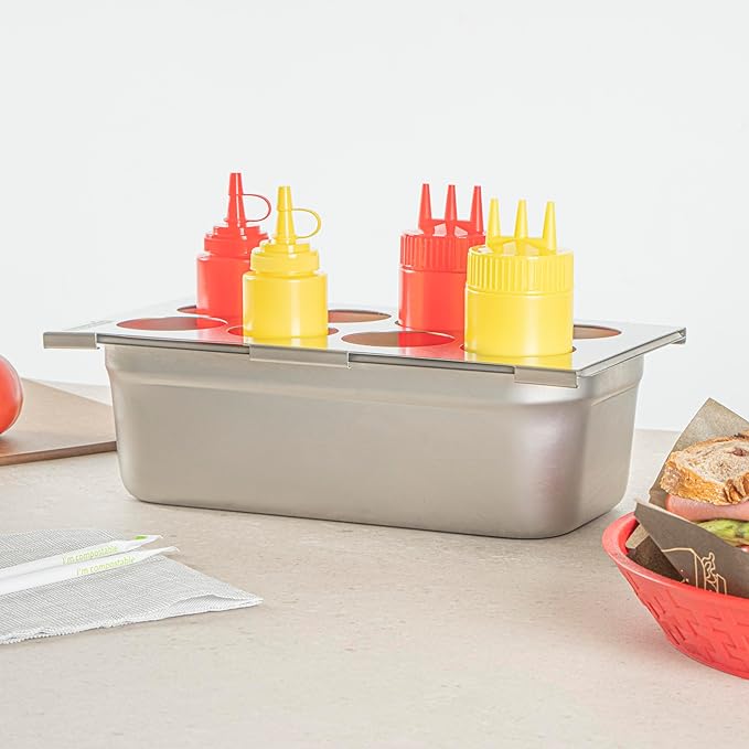Restaurantware Squeeze Bottle Template Pack of 1 Stainless Steel 8 Hole Holder Top, 2.5" Diameter Fits 1/3 Size Food Pans, Dishwasher Friendly Integrated Lip Design Holder Top for Condiment Bottles